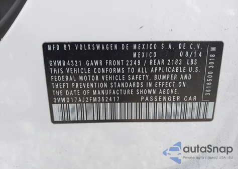 2015 Volkswagen Jetta 1.8T Se z USA, uszkodzony, nr VIN 3VWD17AJ2FM352417